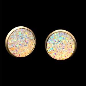 Men’s Round White Iridescent Prism Faux Druzy Hip Hop Iced Out Stud Earrings NEW